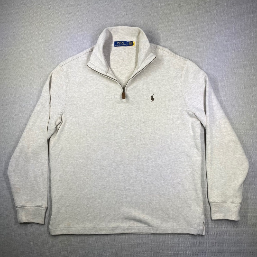 Polo Ralph Lauren Mens Large 1/4 Zip Cotton Ribbed Pullover Oatmeal Heather